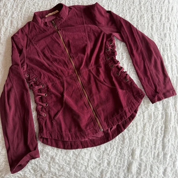 XCVI Wearables Larisa Corduroy Jacket Medium Burgundy Wine Zip Front Coat